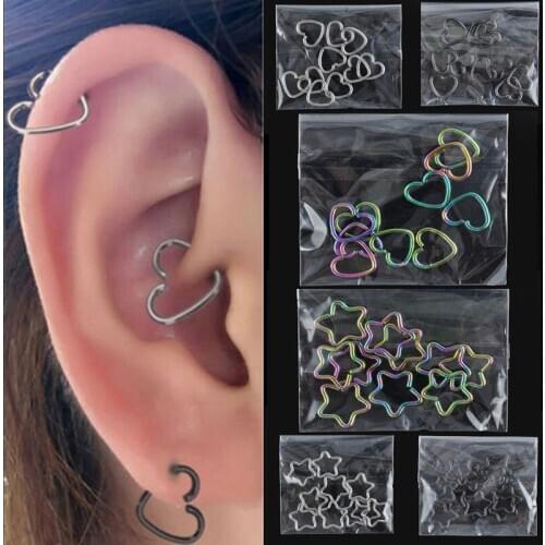 10pcs 5Color Jewelry Stainless Steel Heart and Star Shape Ring Cartilage Hoop Lip Nose Rings Clip Ear Stud Earring Jewelry