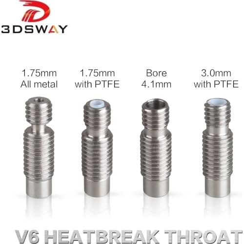 3DSWAY 2pc 3D Printer Parts Extruder E3D V6 Heat Break Hotend Throat All Metal with PTFE Thread for 1.75mm Filament Feeding Tube