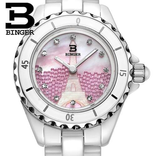 Genuine Luxury BINGER Women ceramic quartz dress watch fashion female diamond rhinestone diamond waterproof relief Eiffel Tower