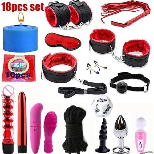 18pcs set fetish Adult SM Sex Love Game Toy Kit for Couples women bondage restraint Set Handcuff Whip Nipple Clamps Gag
