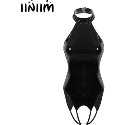 Womens Wet Look Sissy Clubwear Teddies Patent Leather Lingerie Catsuit Body Latex Backless Open Crotch Sissy Open Butt Bodysuit