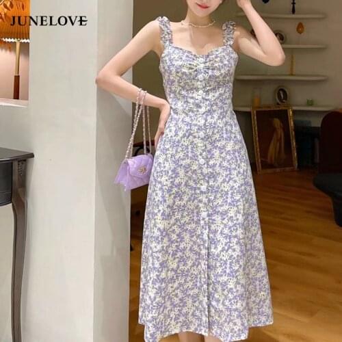 JuneLove Women Summer Print Floral Midi Dress Vintage Female Strapless Party Camisole Dress Casual Holiday Lady Boho Vestidos