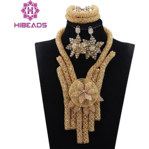 Gold African Jewelry Sets Crystal Champagne Chunky Bib Statement Necklace Earrings Set Women Jewelry Set ANJ374