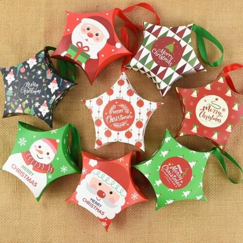 5pcs Star Shape Christmas Candy Box Bag Cute Santa Claus Snowman Christmas Gifts Packing Box With Ribbon For New Year Xmas Party