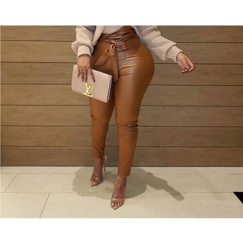 Leather Pants Women Fashion 2021 New High Waist Belt Long Trousers Fall Winter Sexy Skinny Woman Pants Femme Pantalon