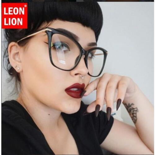 LEONLION Cat Eye Glasses Frames Women 2021 Brand Design Eyeglasses Frame Women Transparent Metal Big Frame Vintage Fake Glasses