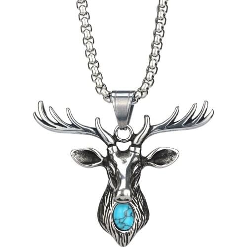 MIQIAO Retro Silver Plated Deer Head Turquoise Pendant Vintage Collar Chain Necklace for Men Women Couple Friends Gift Jewelry