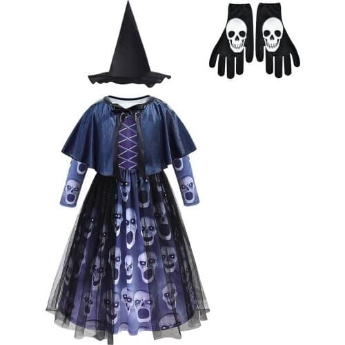 Kids Halloween Cosplay Clothing Children Carnival Skull Cloaks Long Sleeve Dress with Mantle Girls Witch Halloween Party Costume