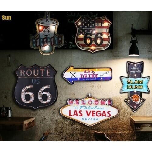 American Retro Wall Mural Cafe Bar Wall Pendant Lamp LED Coffee Bar Lights Decoration Accessories Vintage Tin Sign Home Decor