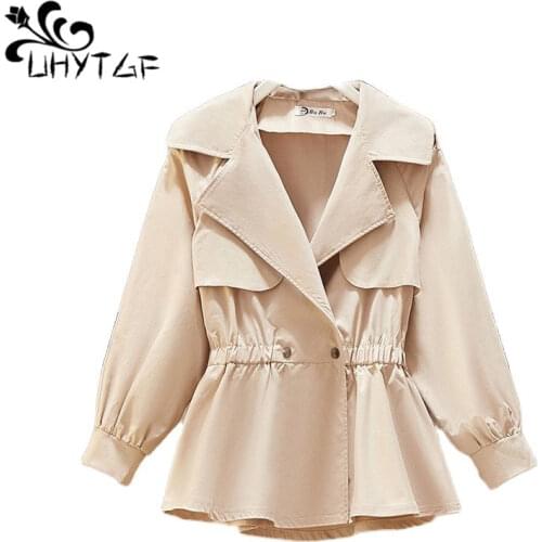 UHYTGF 2019 New Spring Autumn trench coat Female Wild Slim tops Plus size splice trench coats Womens Korean Double-breasted 230
