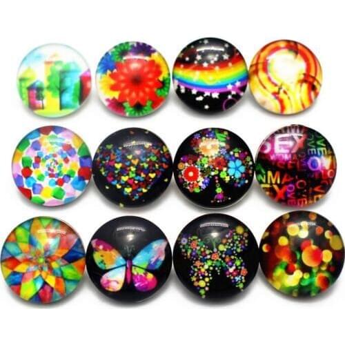 New Style Round Colourful Butterfly Flower 18mm Print Glass Snap Buttons Charms Fit DIY Snap Bracelets&Bangles Jewelry