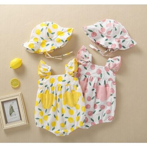 Twin Clothes Girls 2021 Summer Sleeveless Printing Baby Bodysuit + Hat ,cute Birthday Baby Girls Clothing Outing Suit Jumpsuit