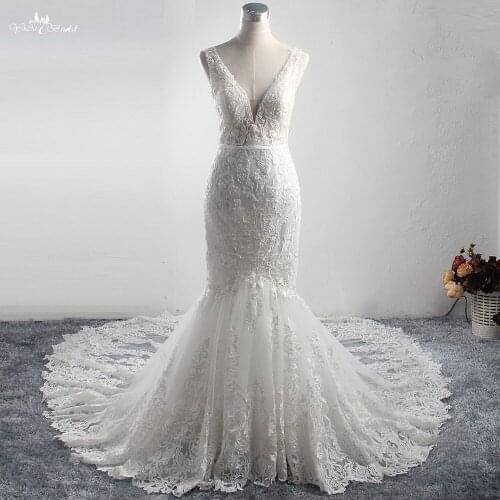 LZ326 Yiai Original Design Deep V Collar Bead Mermaid Dress Nice Appliques Wedding Dress Long lace Tail Bridal Dress