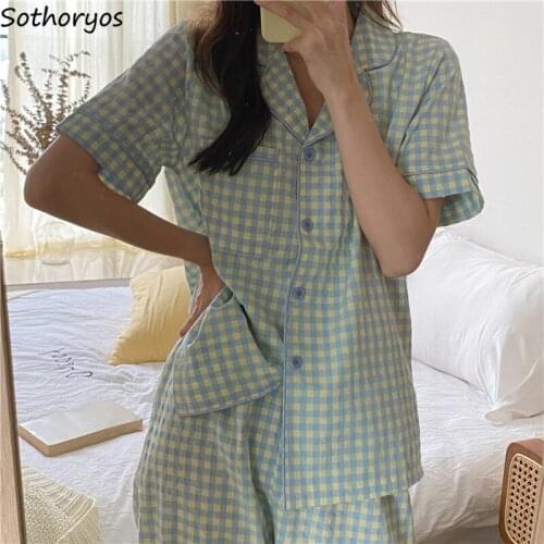 Pajama Sets Women Plaid Pattern Printed Patchwork Half Sleeve Females Chic Home Wear Clothes Korean Style Fashion Soft Leisure