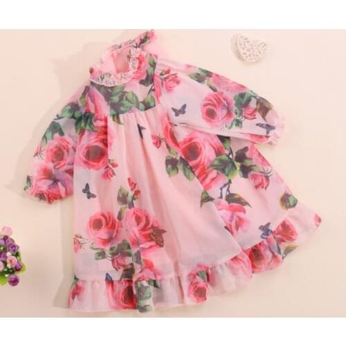Little Girls Casual Long Sleeve Dress Fashion Flower Flounce Round Neck A-line Mesh Princess Dress Spring Autumn
