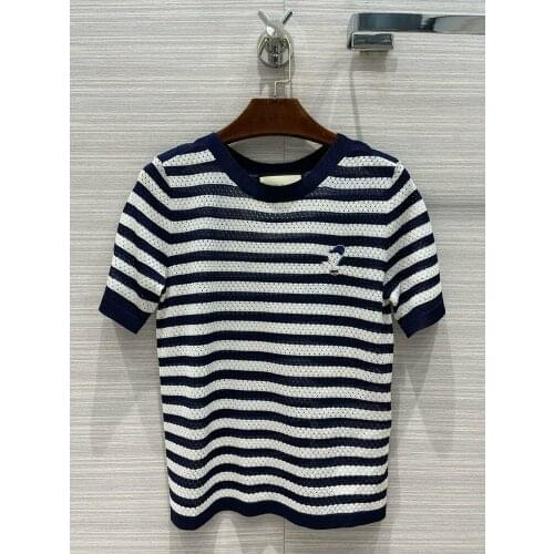 Casual Stripe Fashion Brand Women 2021 New Spring O-neck Short Sleeve Knitted Tops Luxury Embroidery Cartoon 85% Silk Tees