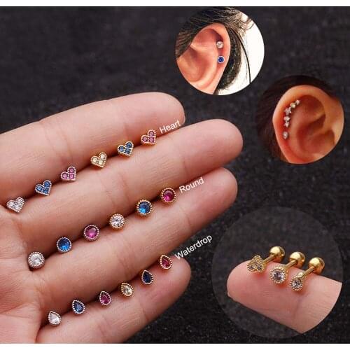 New Fashion Round Heart-shaped Drop-shaped Zircon Stud Earrings Simple Stainless Steel Screw Earrings Cartilage Spiral Ear Studs