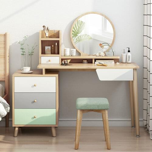 Nordic Contemporary and Contracted Small Family Model Bedroom Multi-functional Solid Wood Leg Dressing Table with Stool Modern
