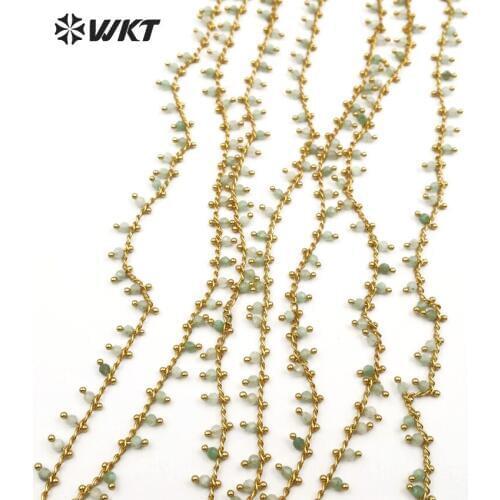 WT-RBC084 WKT Light green 3mm round stone bead with gold metal plated wire wrapped wholesale bulk rosary chain
