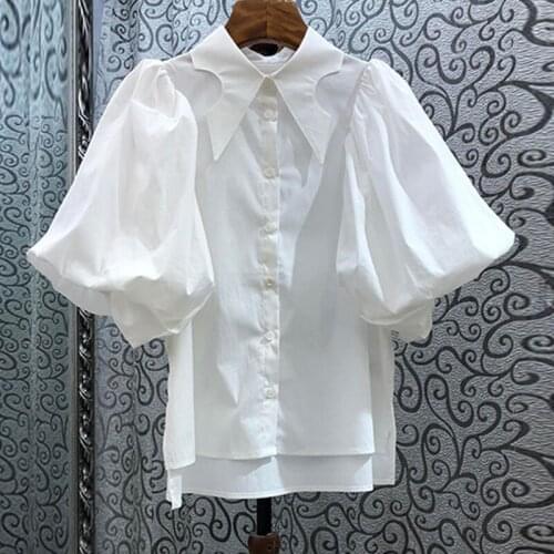 Fashion Design Women White Shirts Summer New 2021 Turn-Down Collar Puff Sleeved Solid Elegant Office Lady Outwear Tops