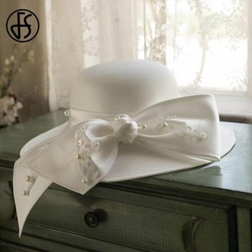 FS French White Bridal Top Hat Retro Mesh Hat With Bowknot Pearl Wedding Hats For Women 2021 Elegant Derby Church Fedoras