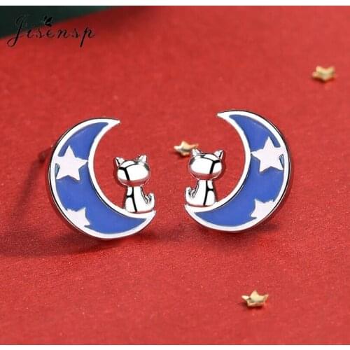 Jisensp Korean Style Cute Cat Stud Earrings Cartoon for Women Fashion Moon and Cat Silver Color Earrings Christmas Jewelry Gift