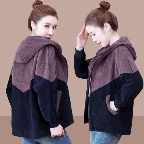 Womens Corduroy Patchwork Short Jacket 2021 Spring Autumn New Loose Fashion Hooded Coat Plus size Casual Female Zipper Outwear