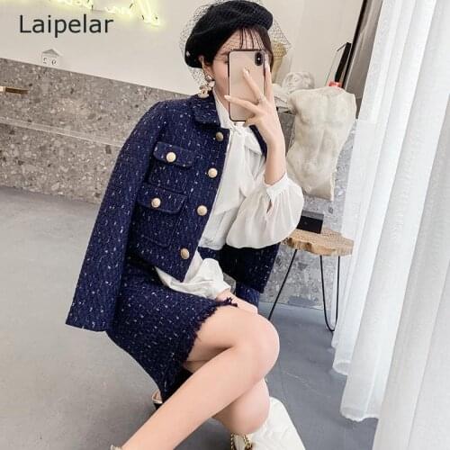 Womens Autumn and Winter Short Tasseled Woolen Coat + Hip Skirt Two-Piece Suit Female Two-Piece Suit Elegant Office Lady Jacket