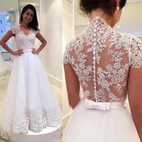 Robe De Mariee Lace Wedding Dresses Short Sleeve Sweetheart A-line Bride Dresses Beading Appliques Bridal Gowns Vestido De Noiva