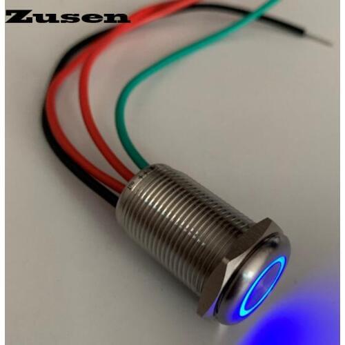 Zusen new 16mm flat head touch switch on/off type push button switch with 6-24V led IP67