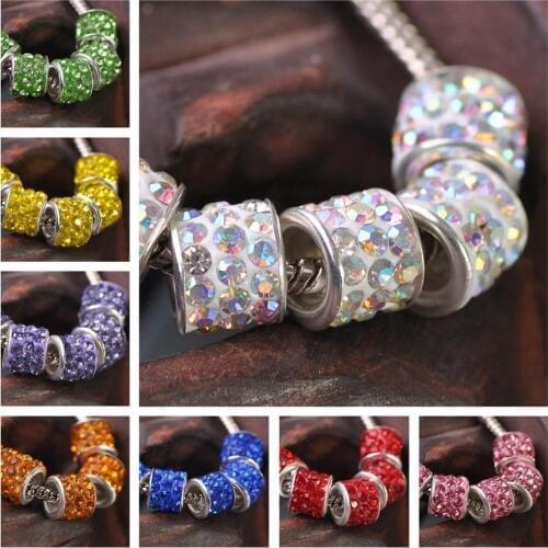 10pcs 10mm Round Tube Clay Rhinestones Big Hole Beads for Jewelry Making European Charms Bracelet DIY