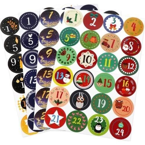 24Pcs/Set Merry Christmas Advent Calendar Number Paper Sticker Cookie Candy Seal Stickers DIY Gift Packaging Labels Xmas Decor