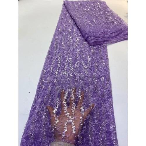 5 Yards Popular Purple African French Mesh Tulle Fabric Fashion French Lace With Sequins Beads High Quality Lace For Party 2021