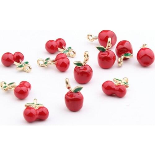 50PCs Kawaii Fruit Enamel Alloy Charms Gold Tone Red Apple Cherry Pendant Charm Craft Fit Fashion Bracelet Necklace Earring DIY