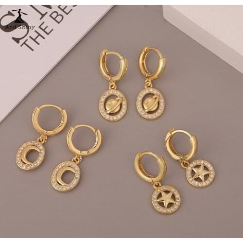 Andshiny Cubic Zircon Moon And Stars Charms Earrings Men Women Original Fine Golden Round Pendant Unusual Earrings Girls Gifts