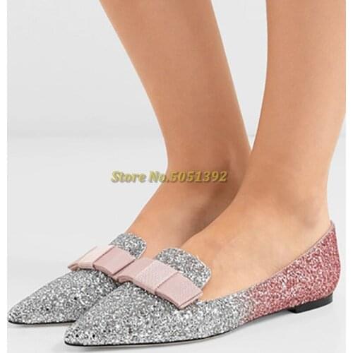 Glitter Low Heel Shoes Sequined Cloth Gradient Casual Ladies Shoes Sexy Pointed Toe Slip On Pumps Pink Glitter Shoes