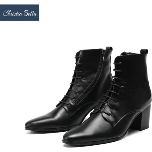 Christia Bella Mens High Heel Boots Leather High Men Shoe Back Zipper Fashion Mens Shoes High Heels Ankle Motorcycle Boots