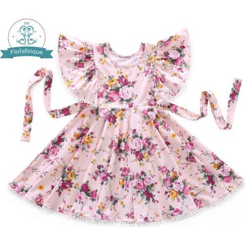 Flofallzique 2018 Round Neck Cotton Printed Lotus Leaf Sleeve Ball Decoration Princess Party Girl Baby Dress 1-8Y