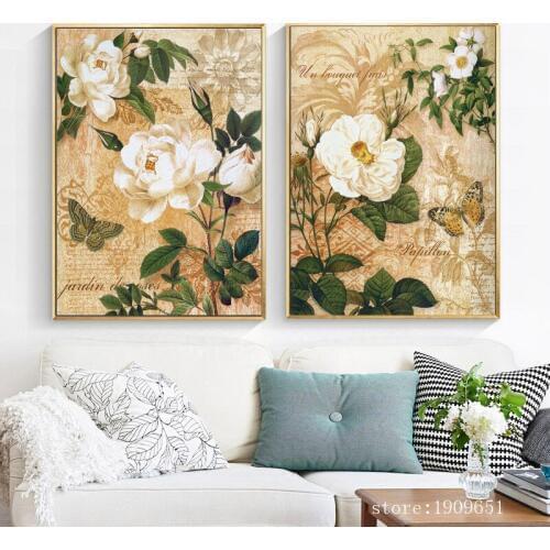 Cotton no frame modern white rose butterfly canvas printings oil painting printed on cotton home wall art decoration picture