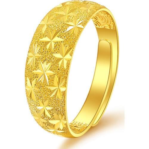 Pure 24K Yellow Gold Ring 999 Gold Women Sandstone Full Star Ring