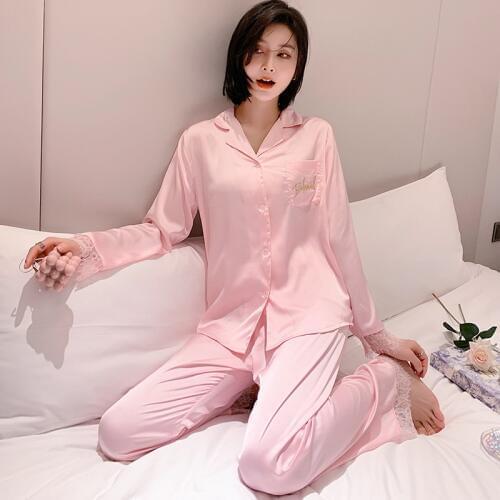 2020 New Bridesmaid Pajama Set Womens Summer Thin Ice Silk 2 PCS Suit Long-sleeved Lace Pyjamas
