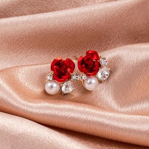 Korean Heart Butterfly Crystal Red Rose Flower Drop Earrings For Women Wedding Pearl Tassel Dangle Piercing Jewelry Elegant Gift