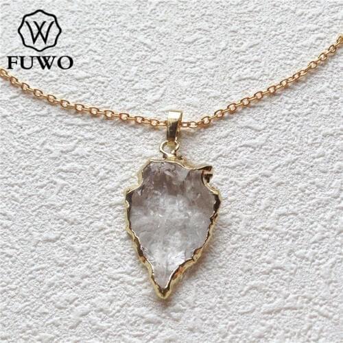 FUWO Fashion Crystal Quartz Arrowhead Necklace With 24K Gold Filled Genuine Raw Clear Quartz Stone Charm Necklace NC053