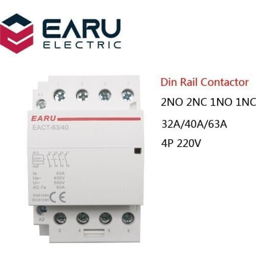 4P 32-63A AC 220V 230V 50/60Hz Din Rail Household AC Modular Contactor Switch Controller 4NO 4NC 2NO 2NC Smart Home House Hotel