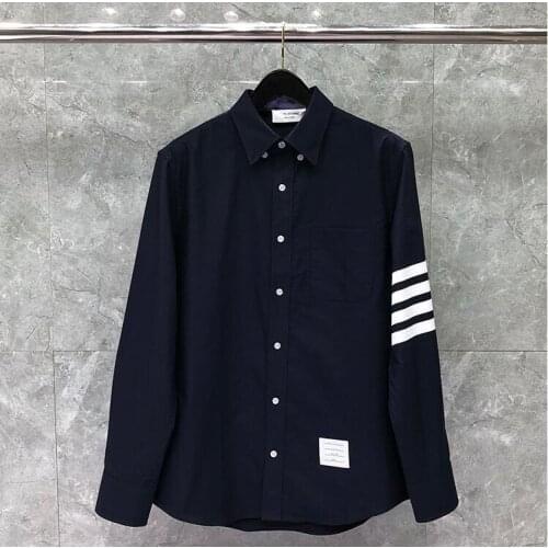2021 Fashion Brand Shirts Men Slim Blue Long Sleeve Casual Shirt Four Bar Stripes Oxford Fabric Solid Mens Clothing