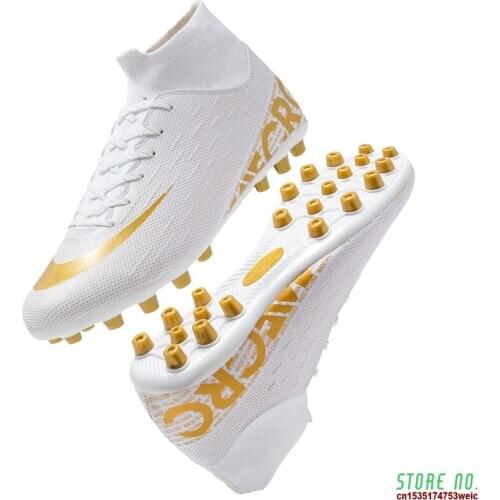 Men Football Soccer Cleats Boots Long Spikes TF Ankle High Top Sneakers Soft Indoor Turf Futsal Sport Gym Shoes Men