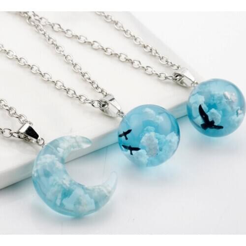 Blue Sky And White Cloud Pendant Necklace Resin Ball Moon Pendant Necklace Long Chain Accessories For Women Gifts Colar