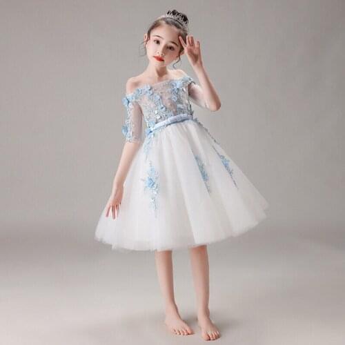 Flower Girl Dress Appliques Off The Shoulder Pearls Embroidery O-Neck Short Princess Knee-Length Lace Tulle Kids Party Gown H322
