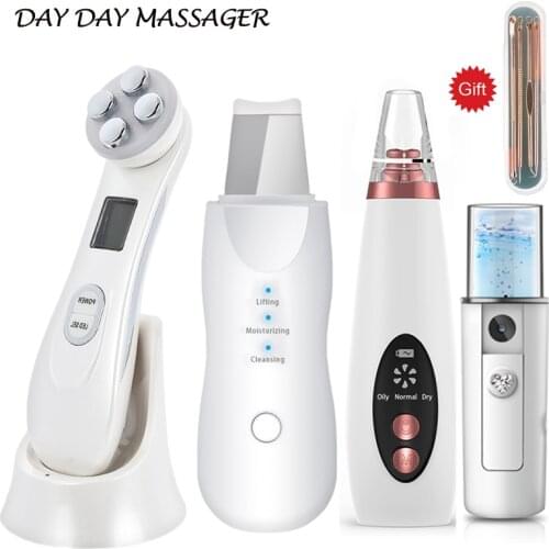 RF EMS LED Mesotherapy Facial Massager+Ultrasonic Skin Scrubber+Blackhead Remover Electric Pore Cleaner+Nano spray Face Steamer