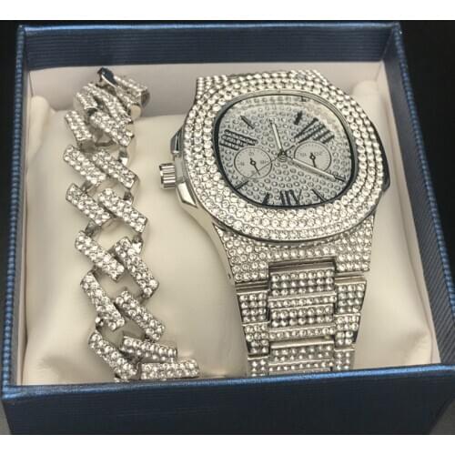 Luxury Men Gold Color Watch & Necklace Combo Set Ice Out Cuban Hip Hop Jewelry Stylish Pendant Necklace Chain Hip Hop For Men